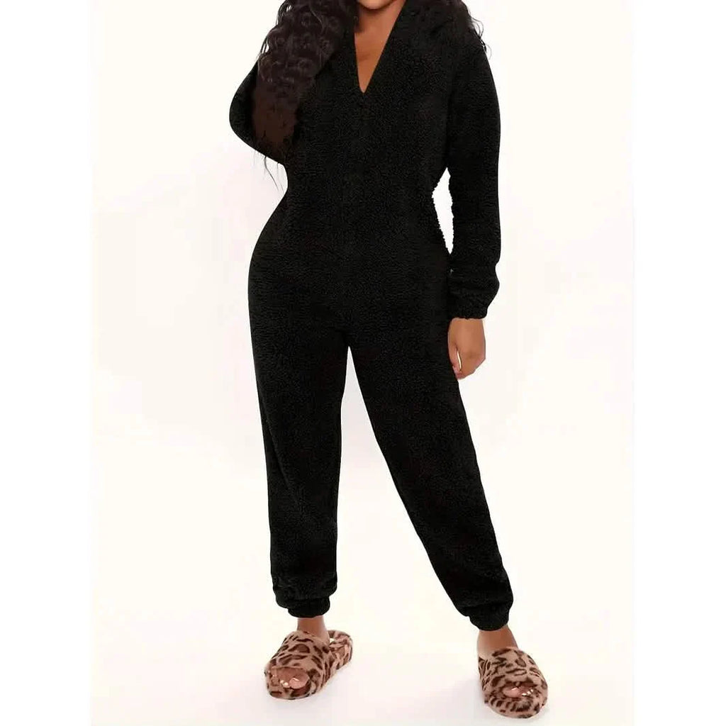 Fuzzy Hooded Pajama Jumpsuit For Music Festival, Long Sleeve Zipper Lingerie & Sleepwear by DailySale