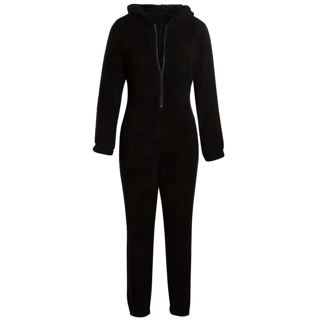Fuzzy Hooded Pajama Jumpsuit For Music Festival, Long Sleeve Zipper Lingerie & Sleepwear by DailySale