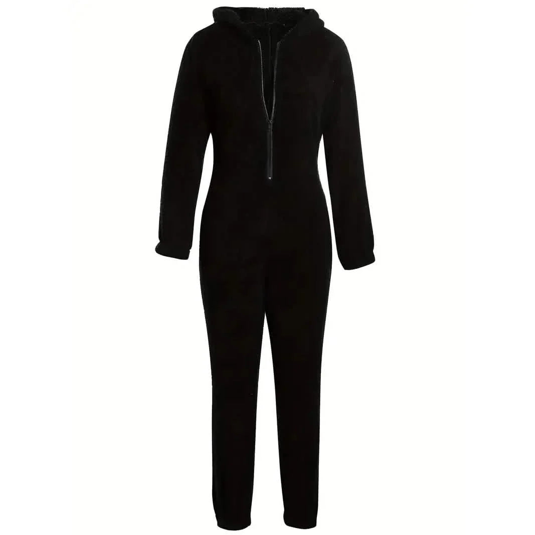 Fuzzy Hooded Pajama Jumpsuit For Music Festival, Long Sleeve Zipper Lingerie & Sleepwear by DailySale