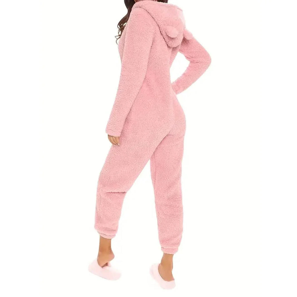 Fuzzy Hooded Pajama Jumpsuit For Music Festival, Long Sleeve Zipper Lingerie & Sleepwear by DailySale
