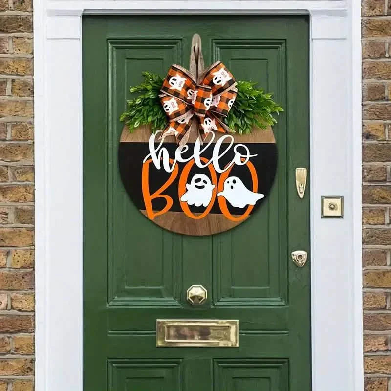 Halloween Round Wooden Board Front Door Decoration Wreath by DailySale