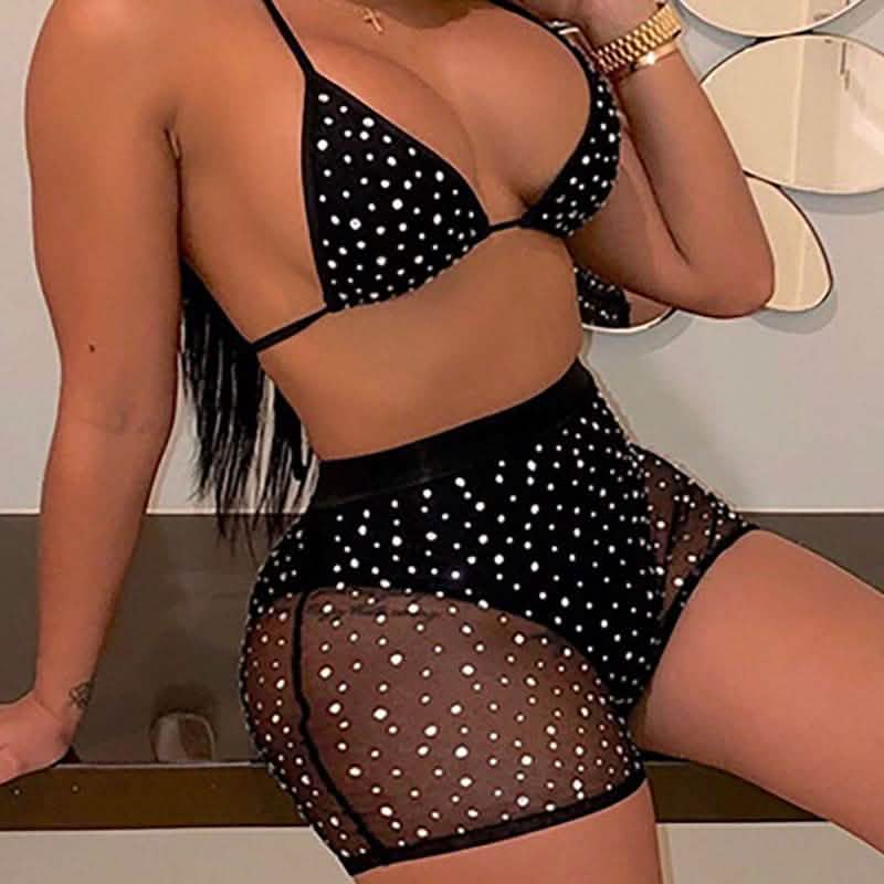 Halter See Through Sequins Mesh Bra & Shorts by DailySale
