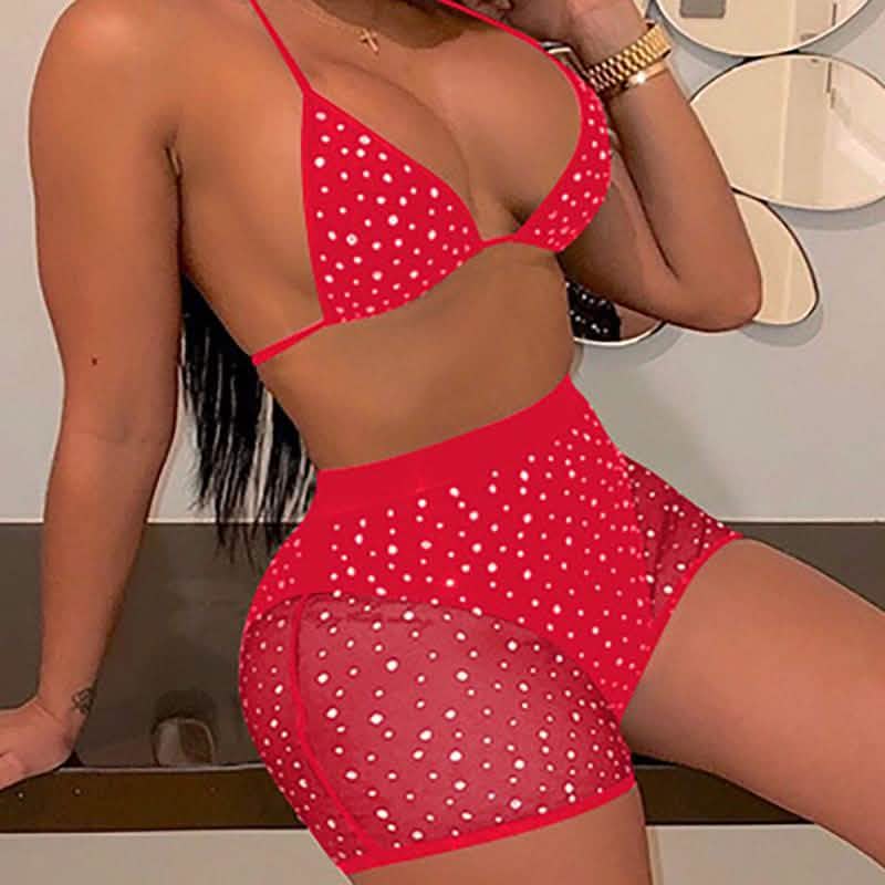 Halter See Through Sequins Mesh Bra & Shorts by DailySale
