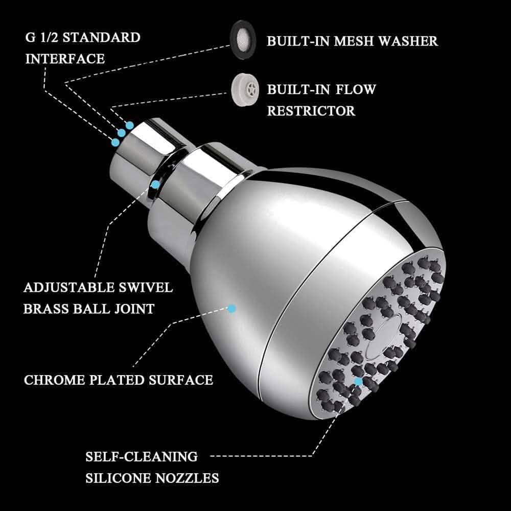 High Pressure Shower Head 3" Anti-clog Anti-leak Fixed with Adjustable Swivel Brass Ball Joint by DailySale