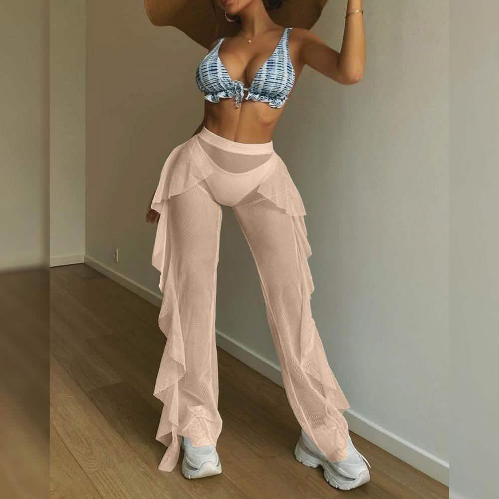 High Waist Sheer Mesh Ruffles Cover Up Pants by DailySale