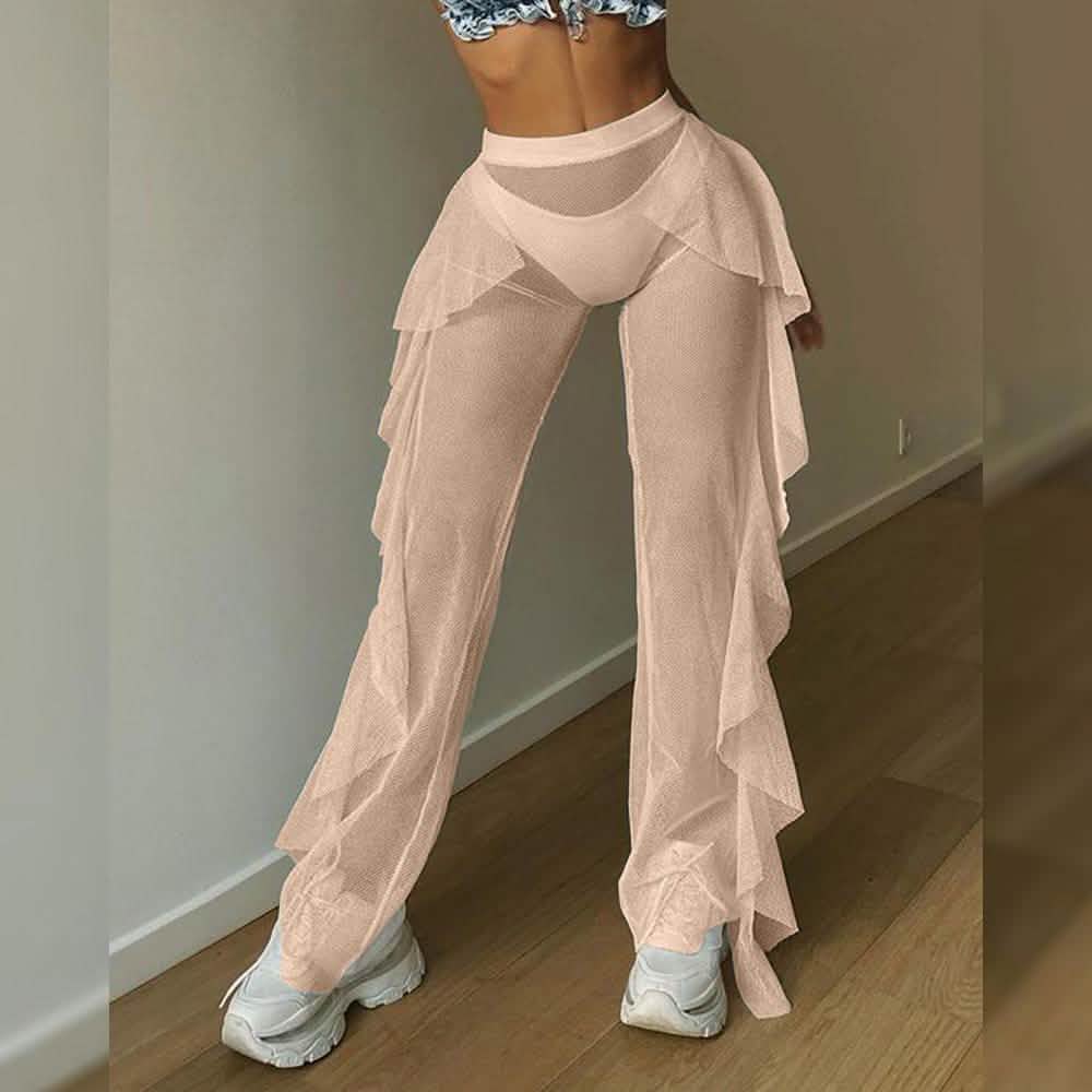 High Waist Sheer Mesh Ruffles Cover Up Pants by DailySale