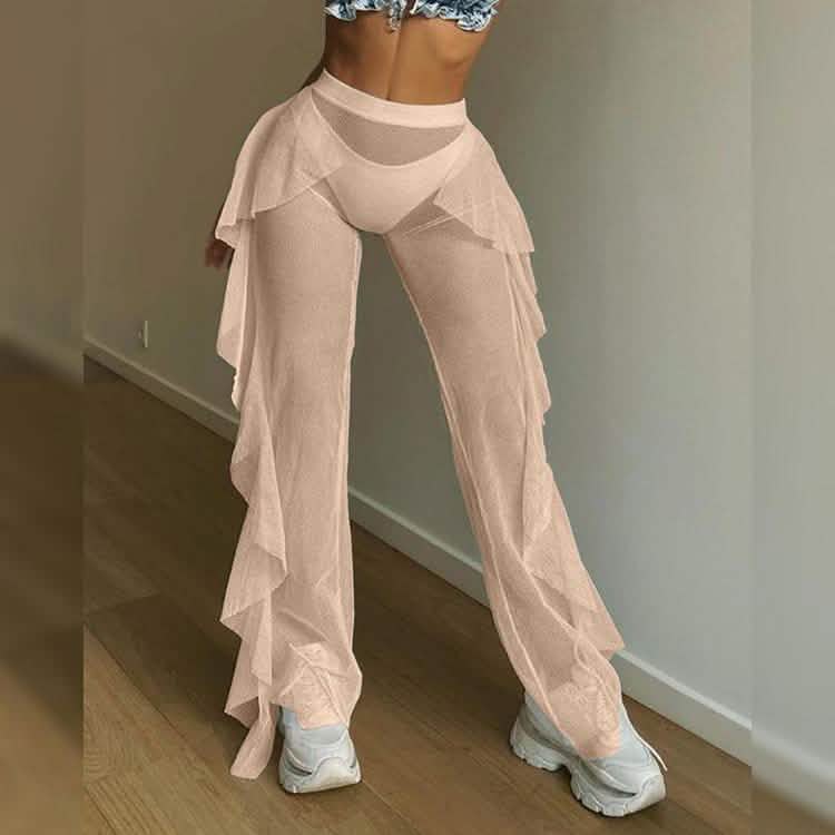 High Waist Sheer Mesh Ruffles Cover Up Pants by DailySale