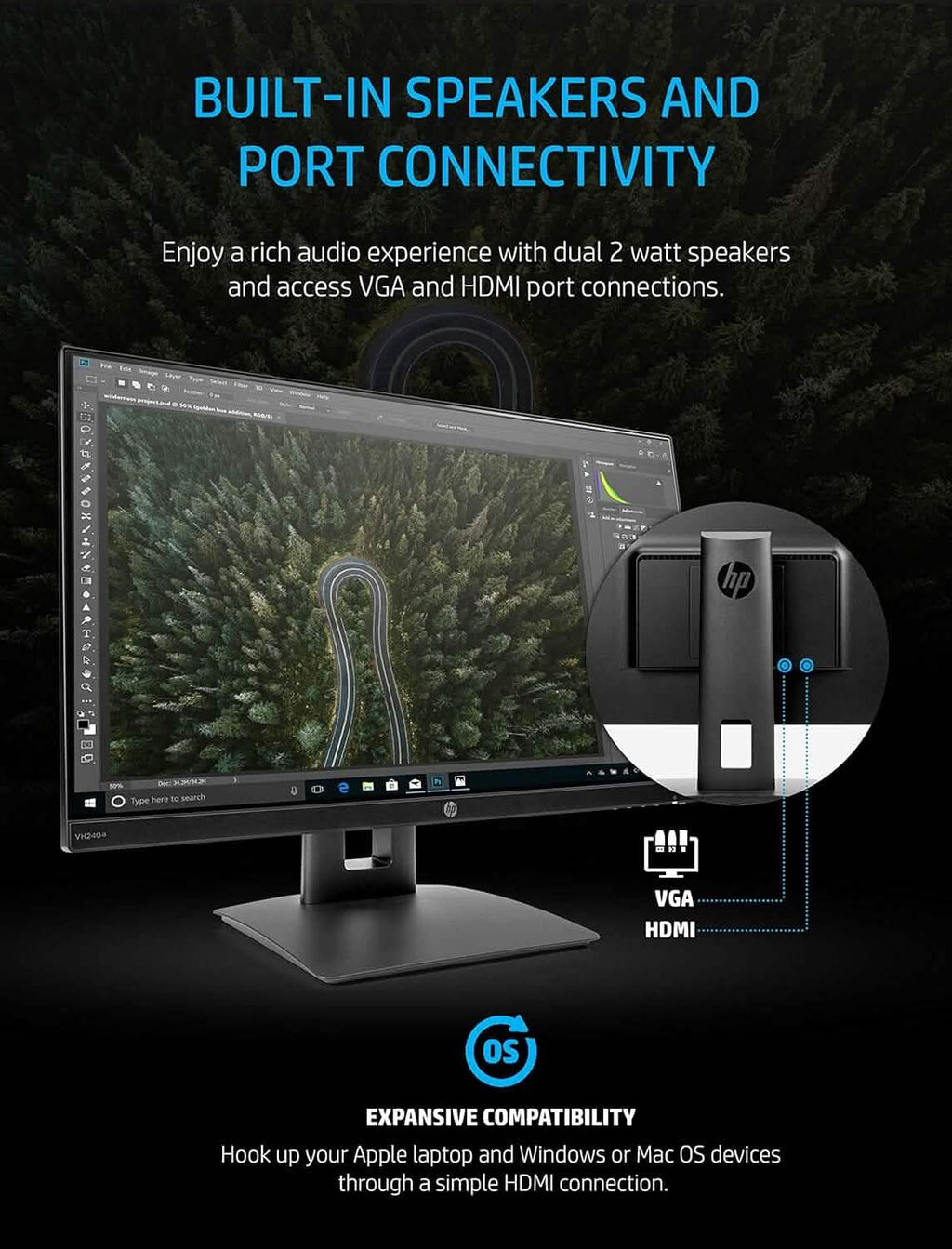 HP 23.8” VH240a IPS FHD LED Monitor HDMI VGA Speakers (Refurbished) by DailySale