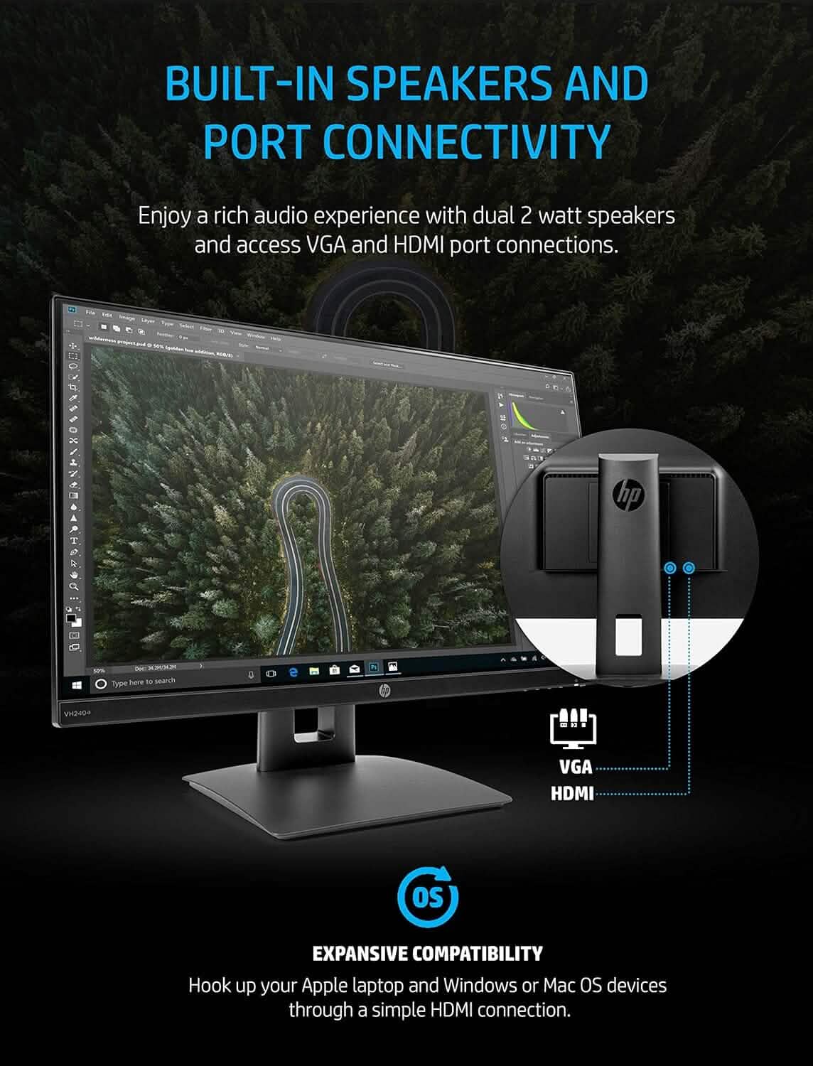 HP 23.8” VH240a IPS FHD LED Monitor HDMI VGA Speakers (Refurbished) by DailySale