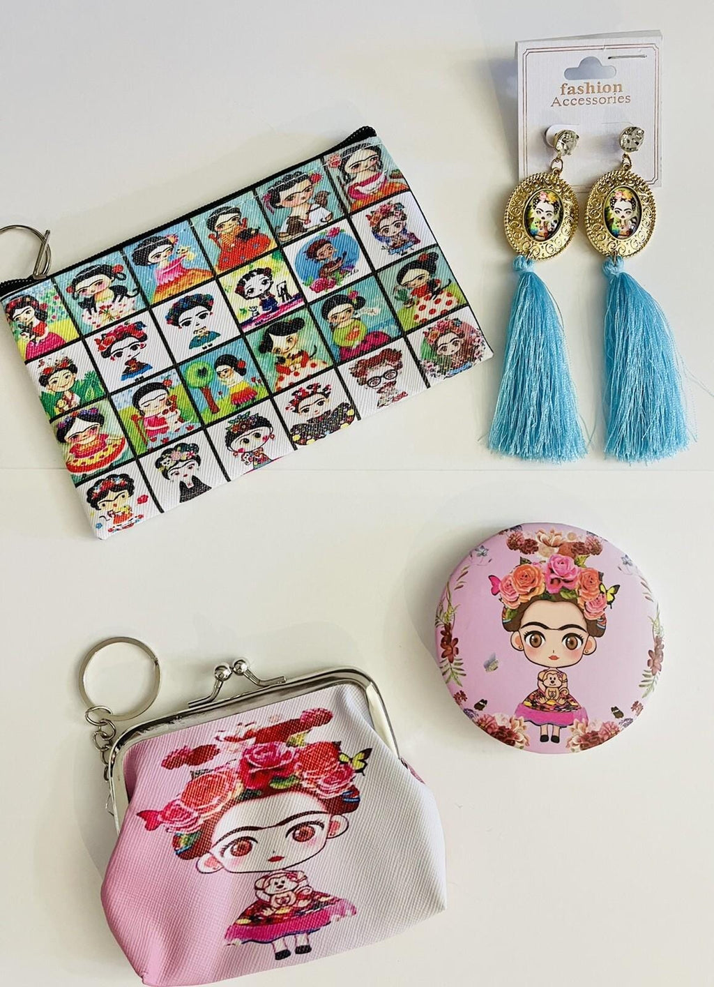 4 Piece Frida Kahlo Coin Bag, Zipper Bag, Mirror Set & Earrings by Chica Mexico
