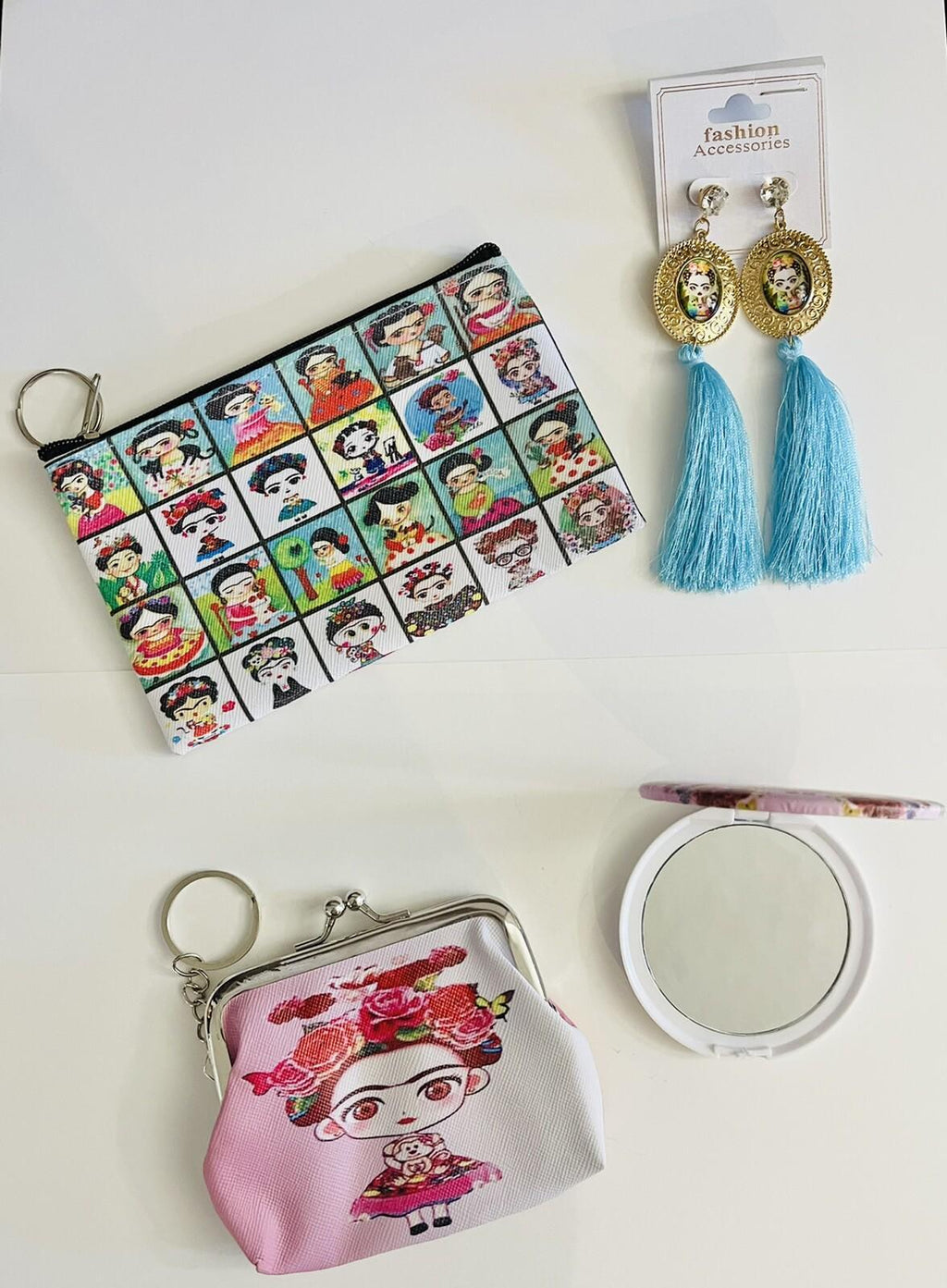 4 Piece Frida Kahlo Coin Bag, Zipper Bag, Mirror Set & Earrings by Chica Mexico