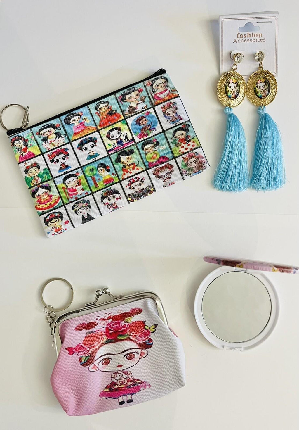 4 Piece Frida Kahlo Coin Bag, Zipper Bag, Mirror Set & Earrings by Chica Mexico