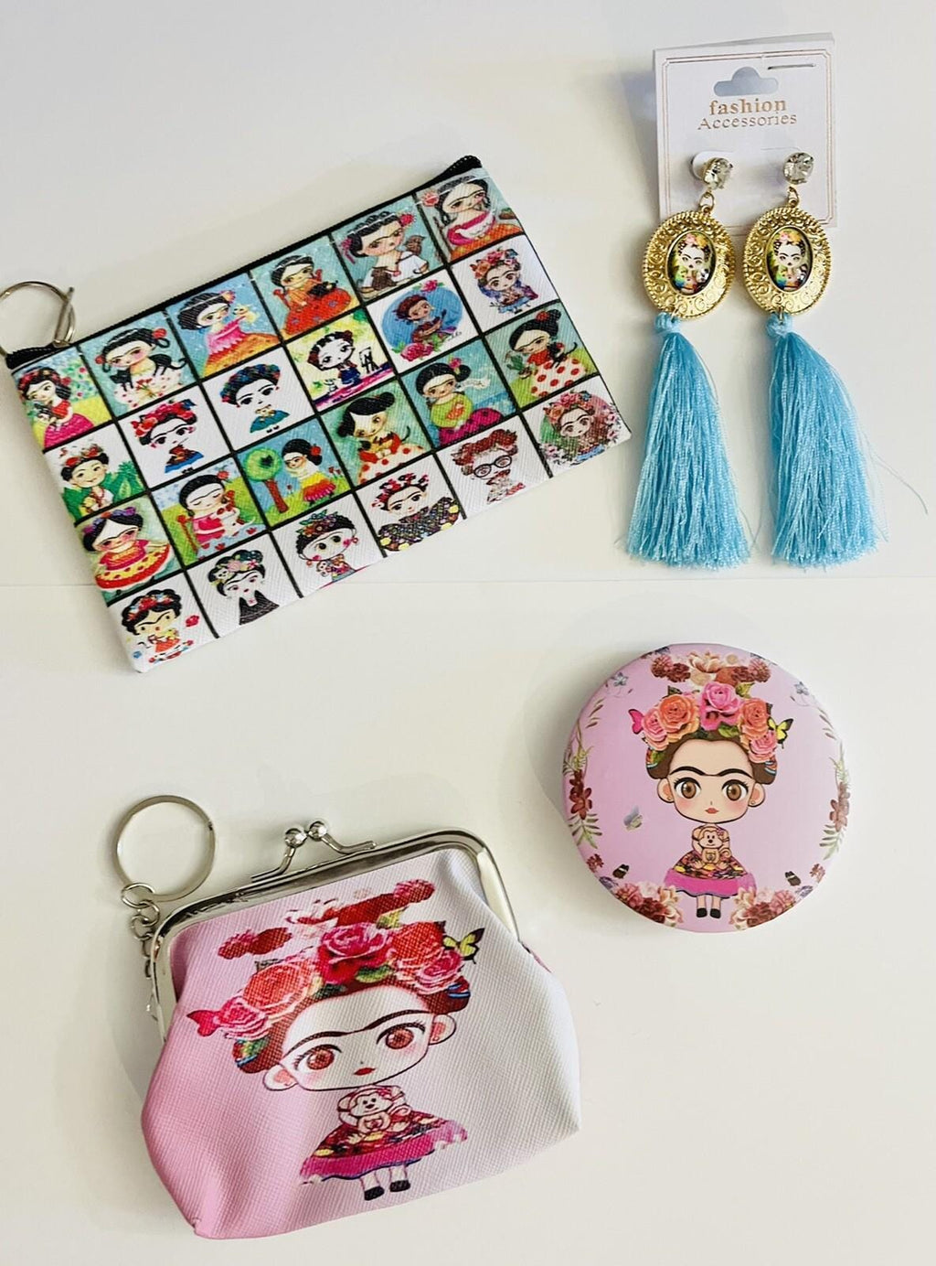 4 Piece Frida Kahlo Coin Bag, Zipper Bag, Mirror Set & Earrings by Chica Mexico
