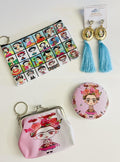 4 Piece Frida Kahlo Coin Bag, Zipper Bag, Mirror Set & Earrings by Chica Mexico