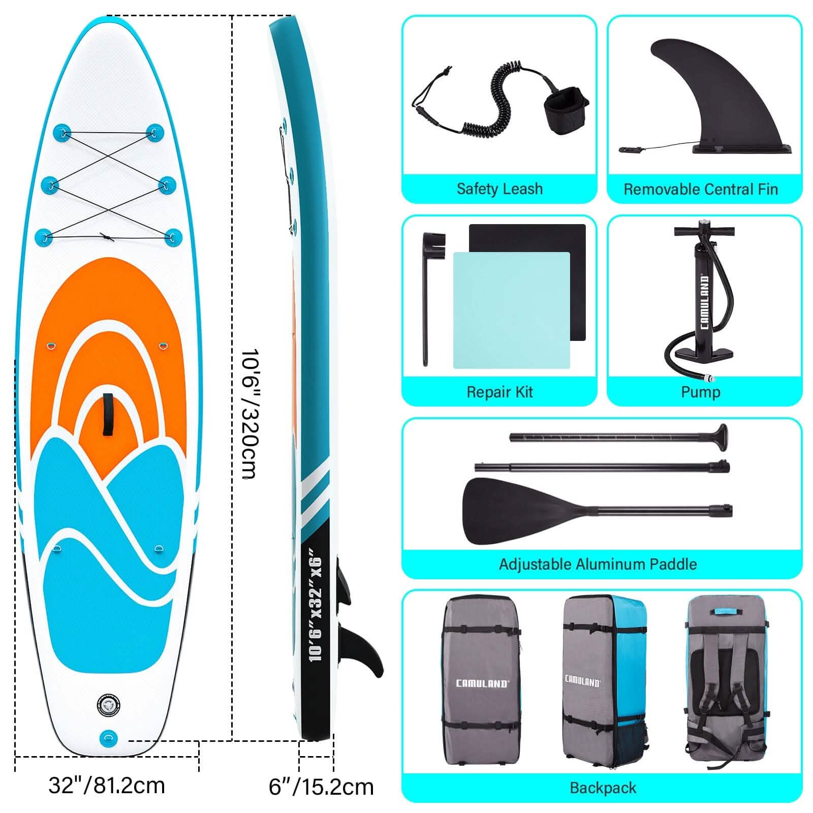 Inflatable Paddle Board Stand up Adults with Adjustable Paddle and Removable Fin Orange by DailySale