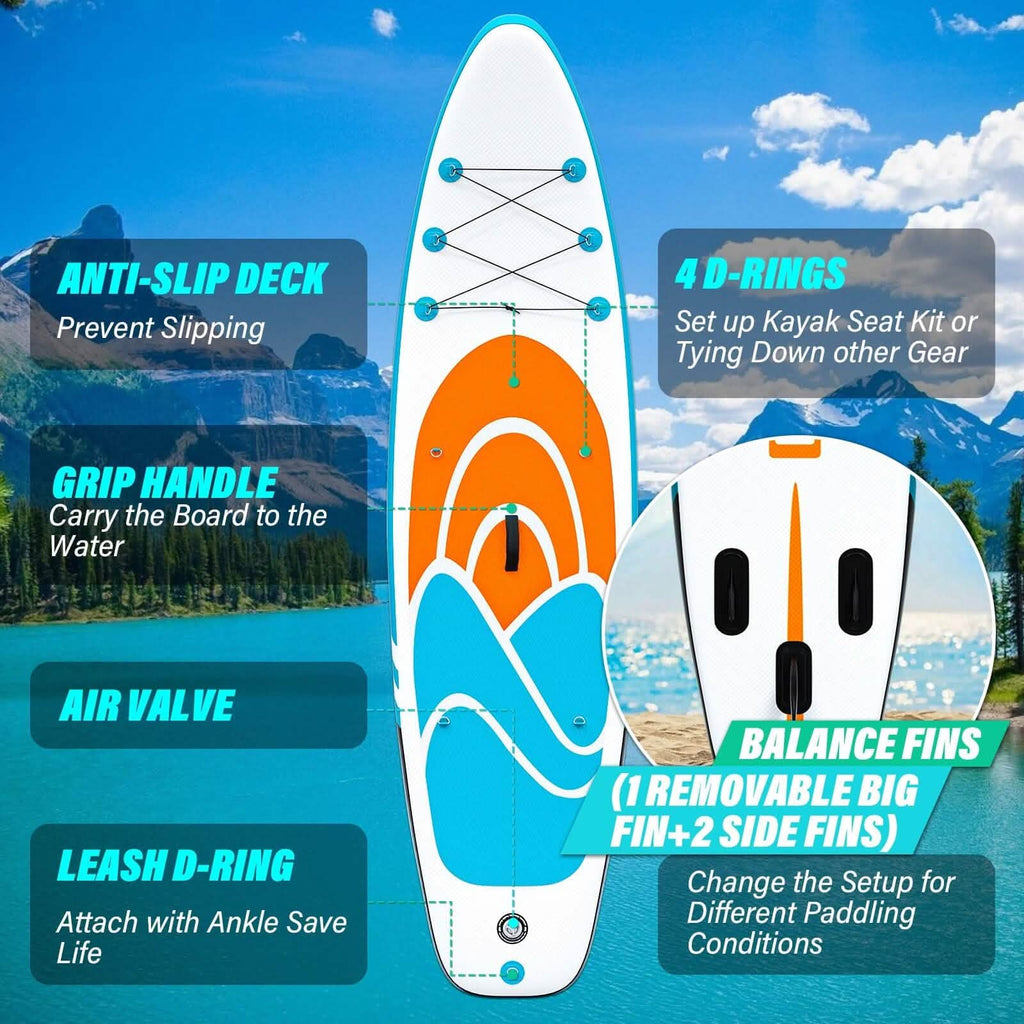Inflatable Paddle Board Stand up Adults with Adjustable Paddle and Removable Fin Orange by DailySale