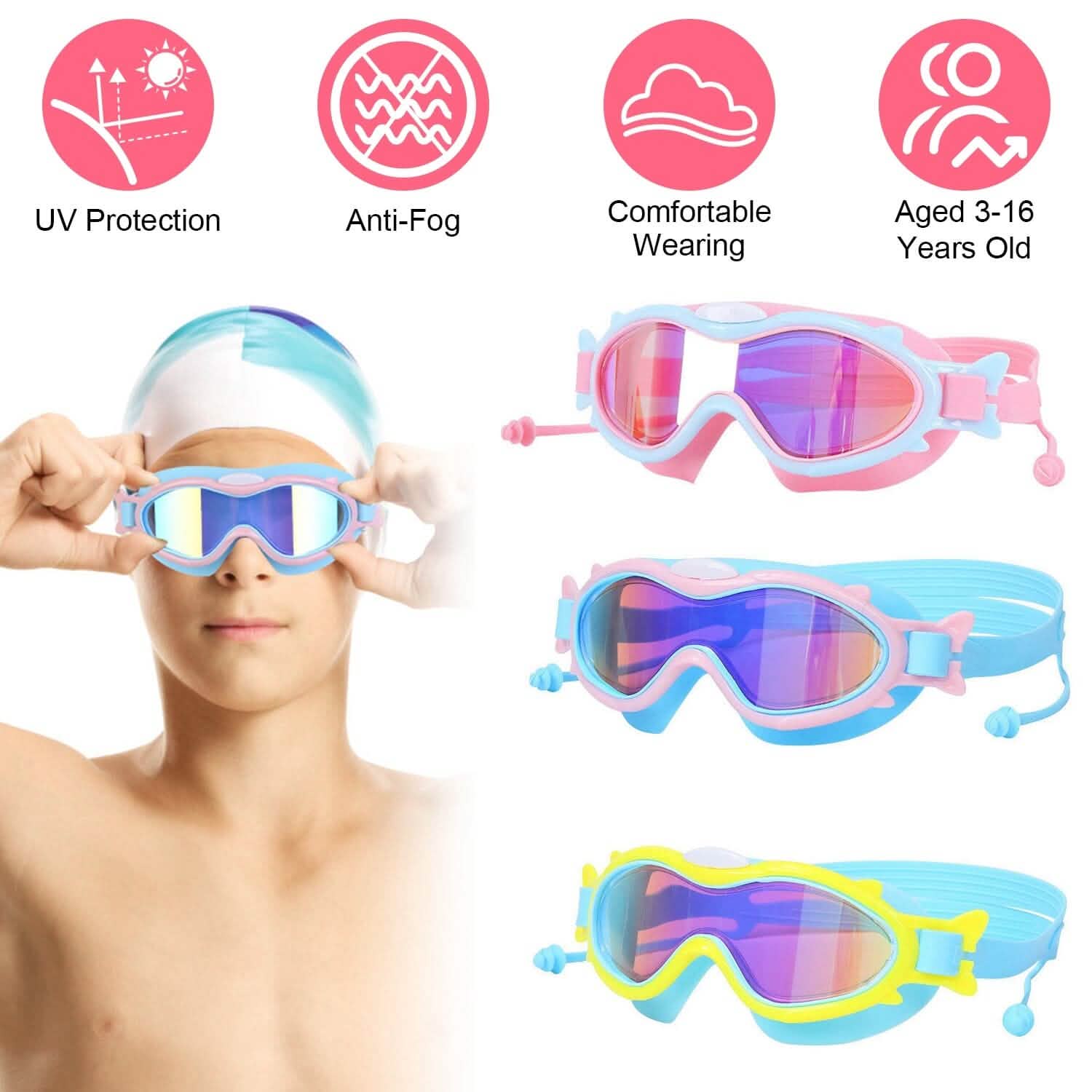 Kids Swim Goggles with Ear Plugs UV Protection Anti-Fog Leak Proof by DailySale