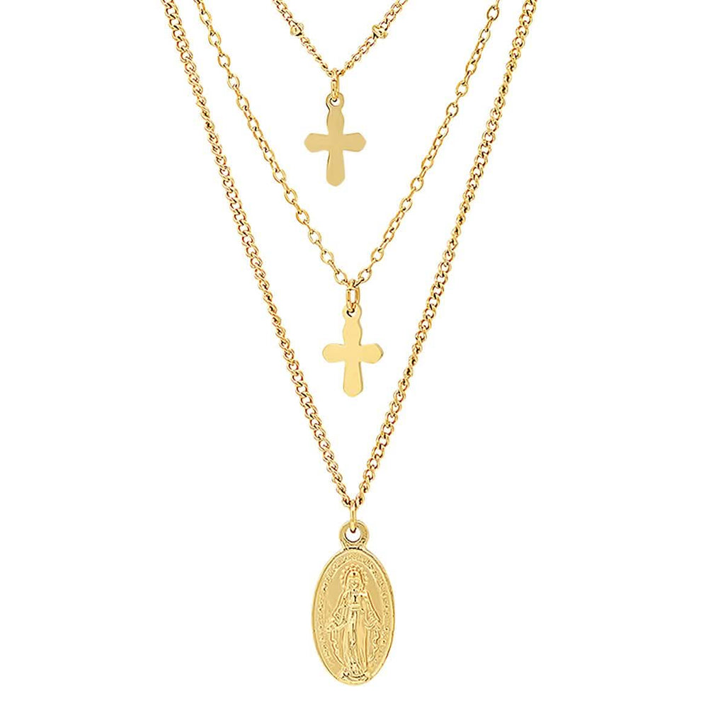 Ladies 3 Chain Necklace with Our Lady of Guadalupe and Cross Charms