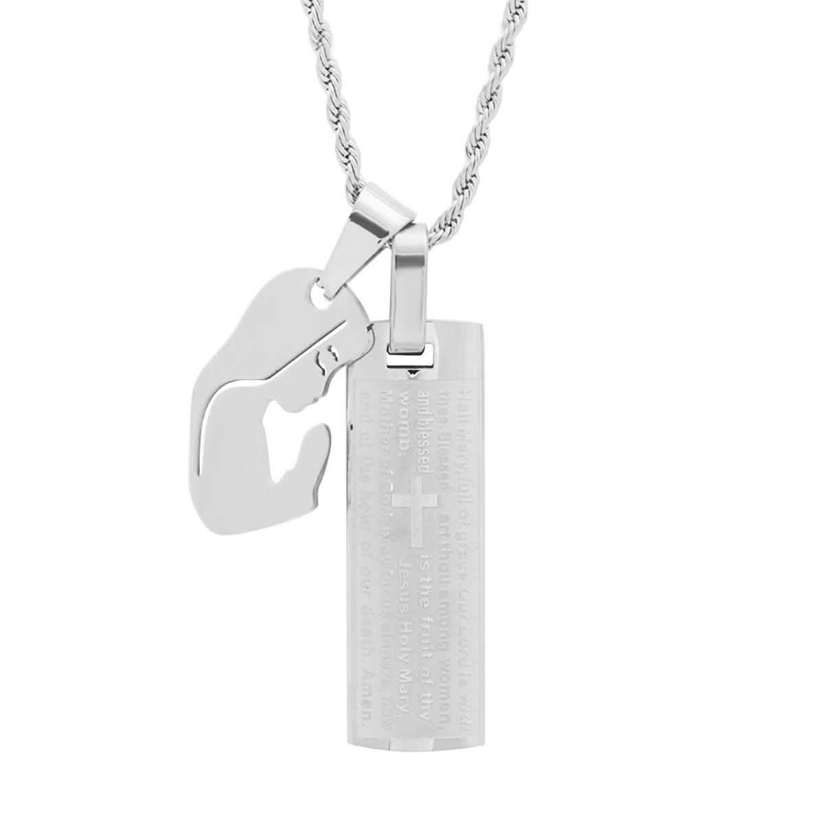 Men's 18K Gold Plated Stainless Steel Dog Tag Our Father English Prayer and Hail Mary Pendant