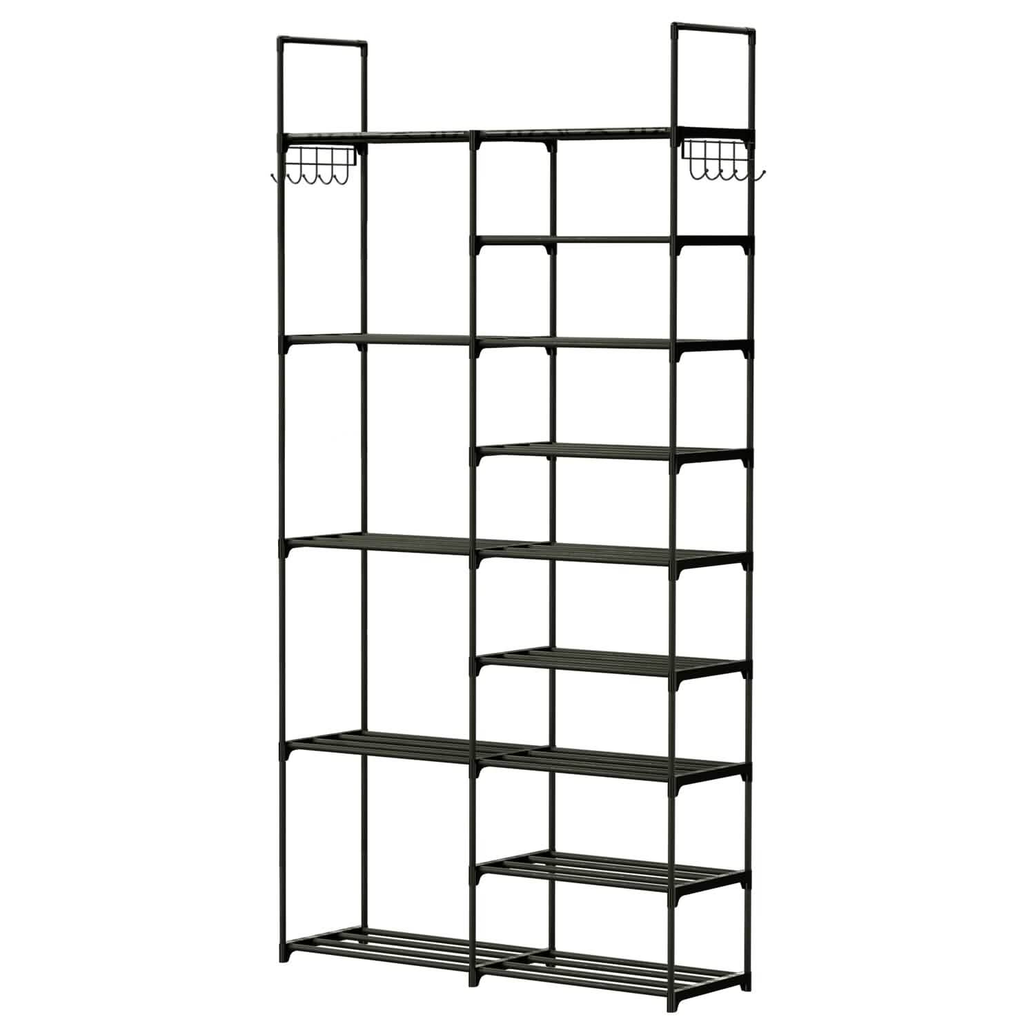 Metal Shoe Storage Shelf Free Standing Shoe Stand with 2 Row Hooks by DailySale