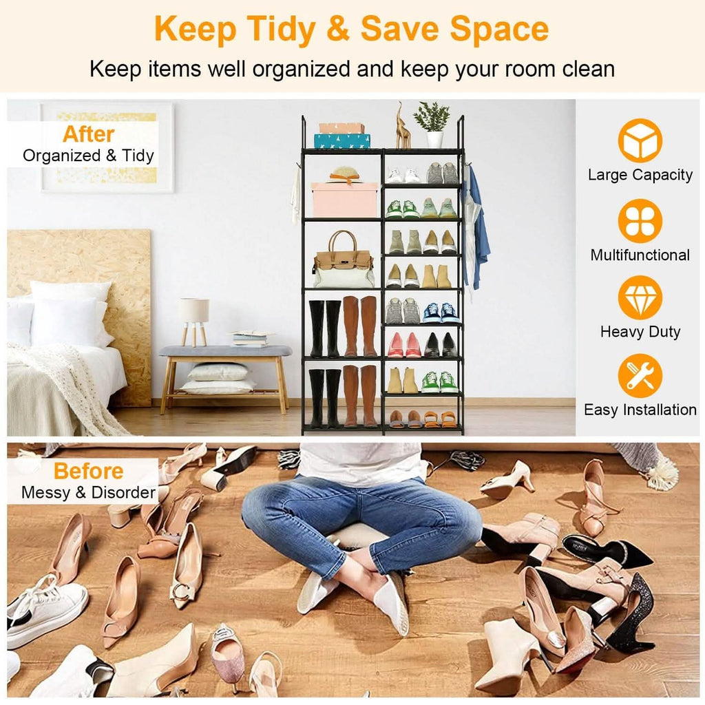 Metal Shoe Storage Shelf Free Standing Shoe Stand with 2 Row Hooks by DailySale