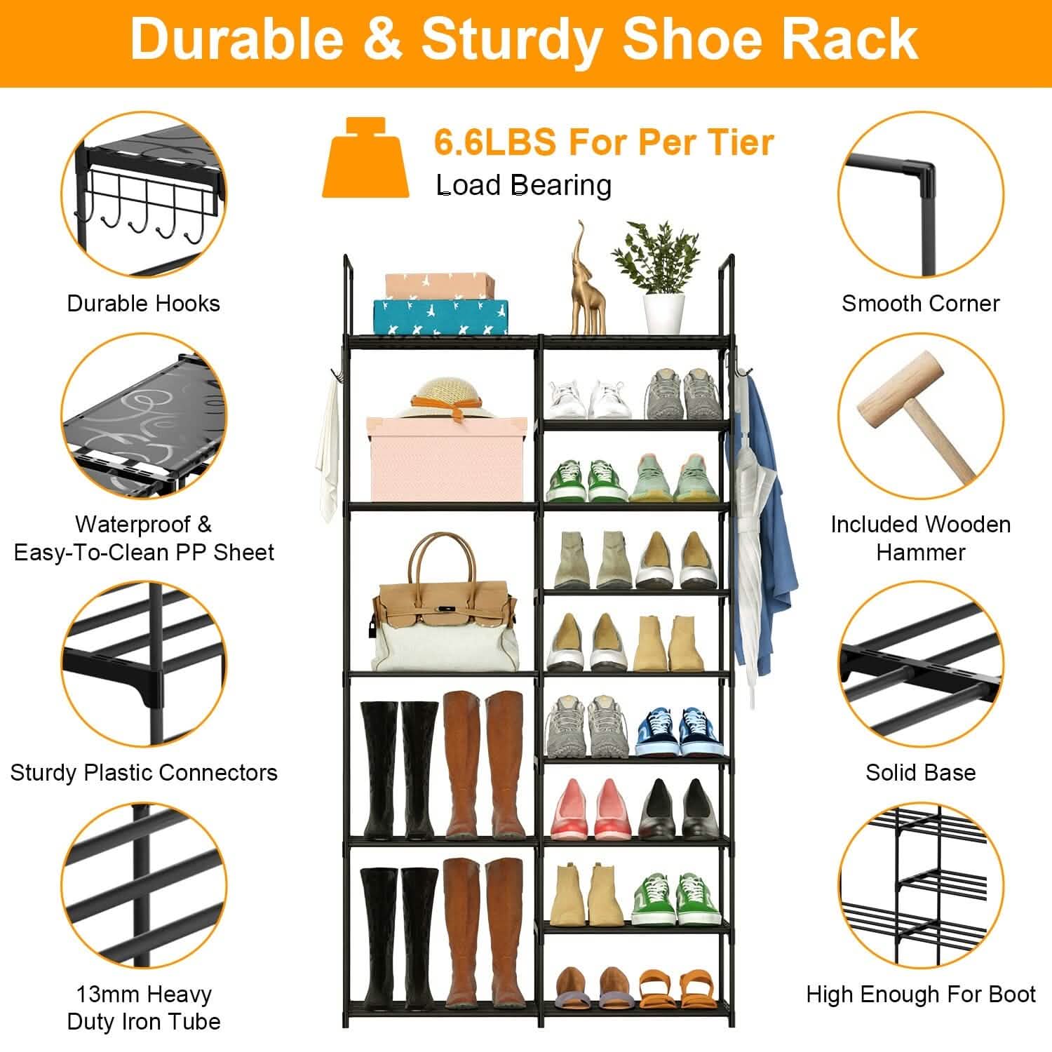 Metal Shoe Storage Shelf Free Standing Shoe Stand with 2 Row Hooks by DailySale