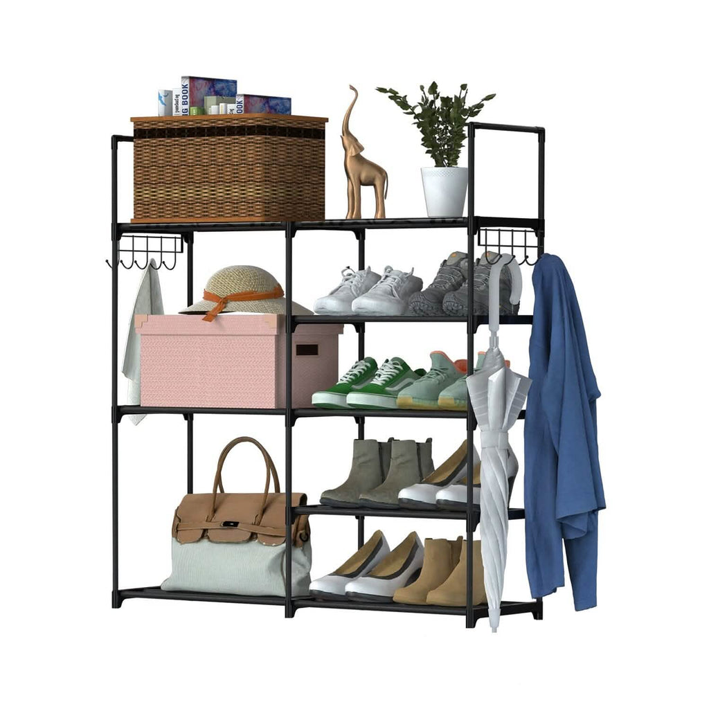 Metal Shoe Storage Shelf Free Standing Shoe Stand with 2 Row Hooks by DailySale