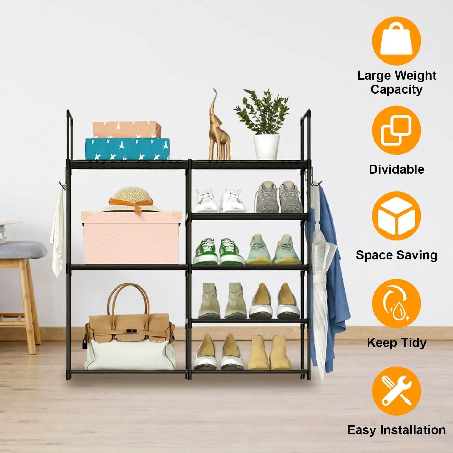 Metal Shoe Storage Shelf Free Standing Shoe Stand with 2 Row Hooks by DailySale