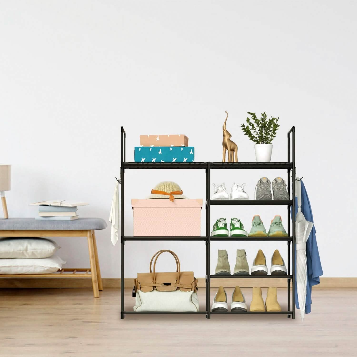 Metal Shoe Storage Shelf Free Standing Shoe Stand with 2 Row Hooks by DailySale