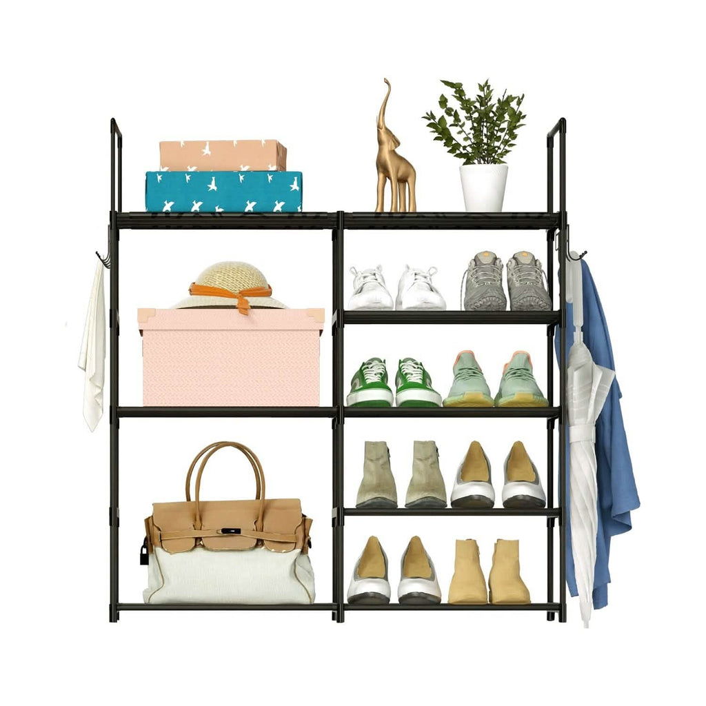 Metal Shoe Storage Shelf Free Standing Shoe Stand with 2 Row Hooks by DailySale