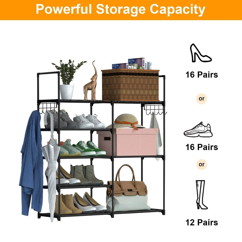Metal Shoe Storage Shelf Free Standing Shoe Stand with 2 Row Hooks by DailySale