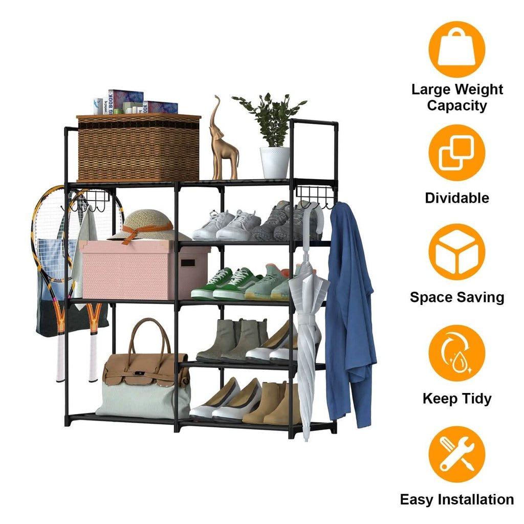 Metal Shoe Storage Shelf Free Standing Shoe Stand with 2 Row Hooks by DailySale