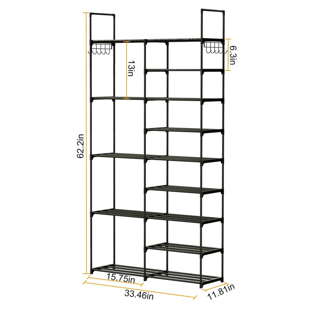 Metal Shoe Storage Shelf Free Standing Shoe Stand with 2 Row Hooks by DailySale