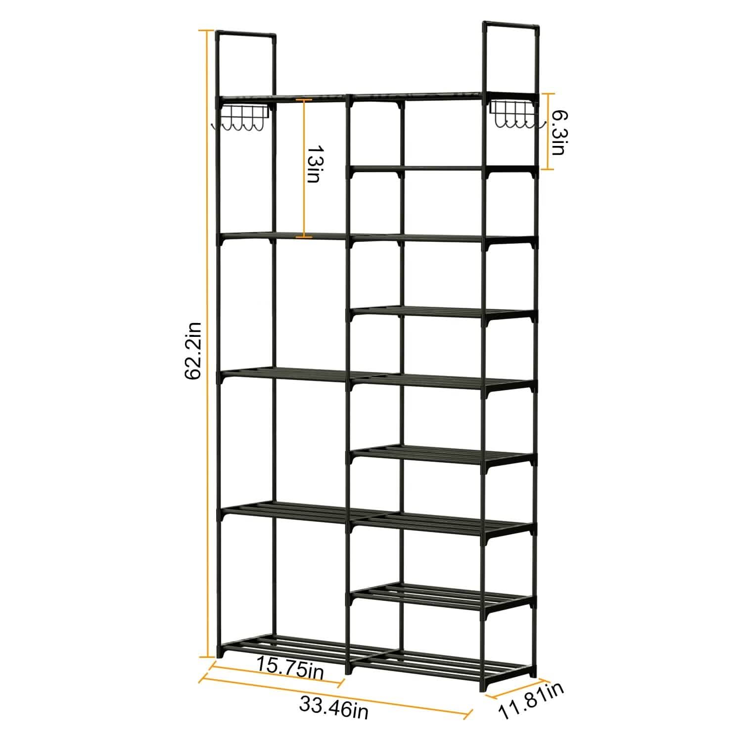 Metal Shoe Storage Shelf Free Standing Shoe Stand with 2 Row Hooks by DailySale
