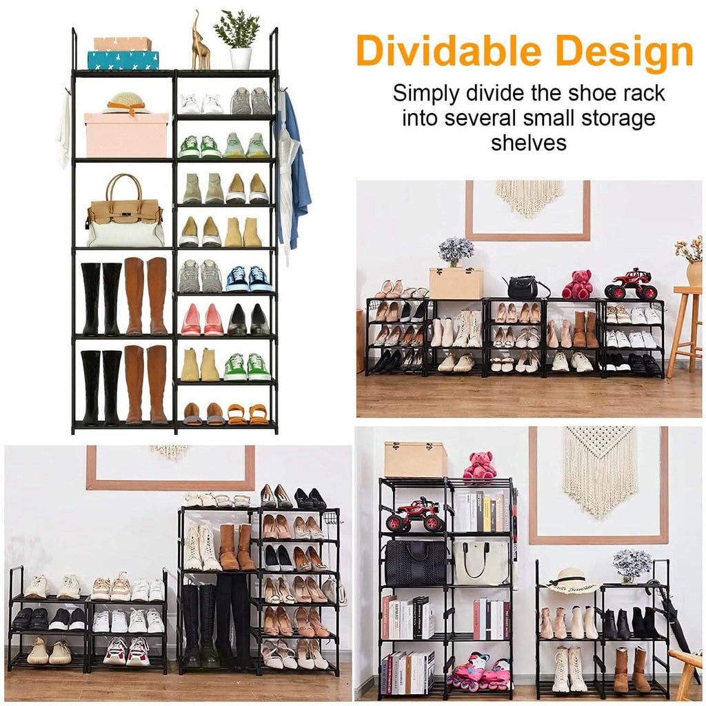 Metal Shoe Storage Shelf Free Standing Shoe Stand with 2 Row Hooks by DailySale