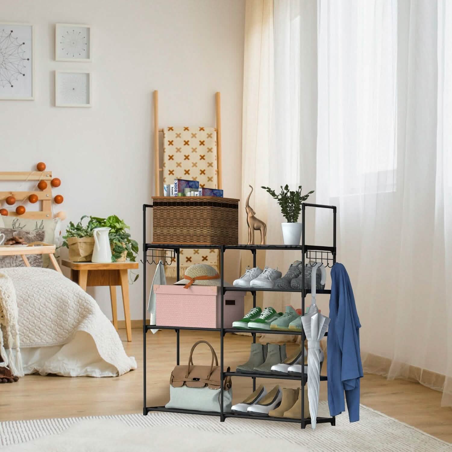 Metal Shoe Storage Shelf Free Standing Shoe Stand with 2 Row Hooks by DailySale