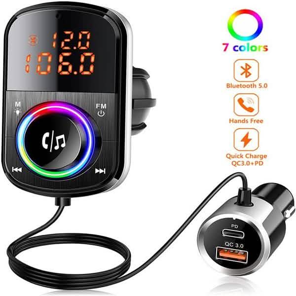 PD18W and QC3.0 Bluetooth 5.0 Car Radio Adapter Dual Fast Charging Port Wireless FM Audio Hands Free Car Kit Receiver by DailySale