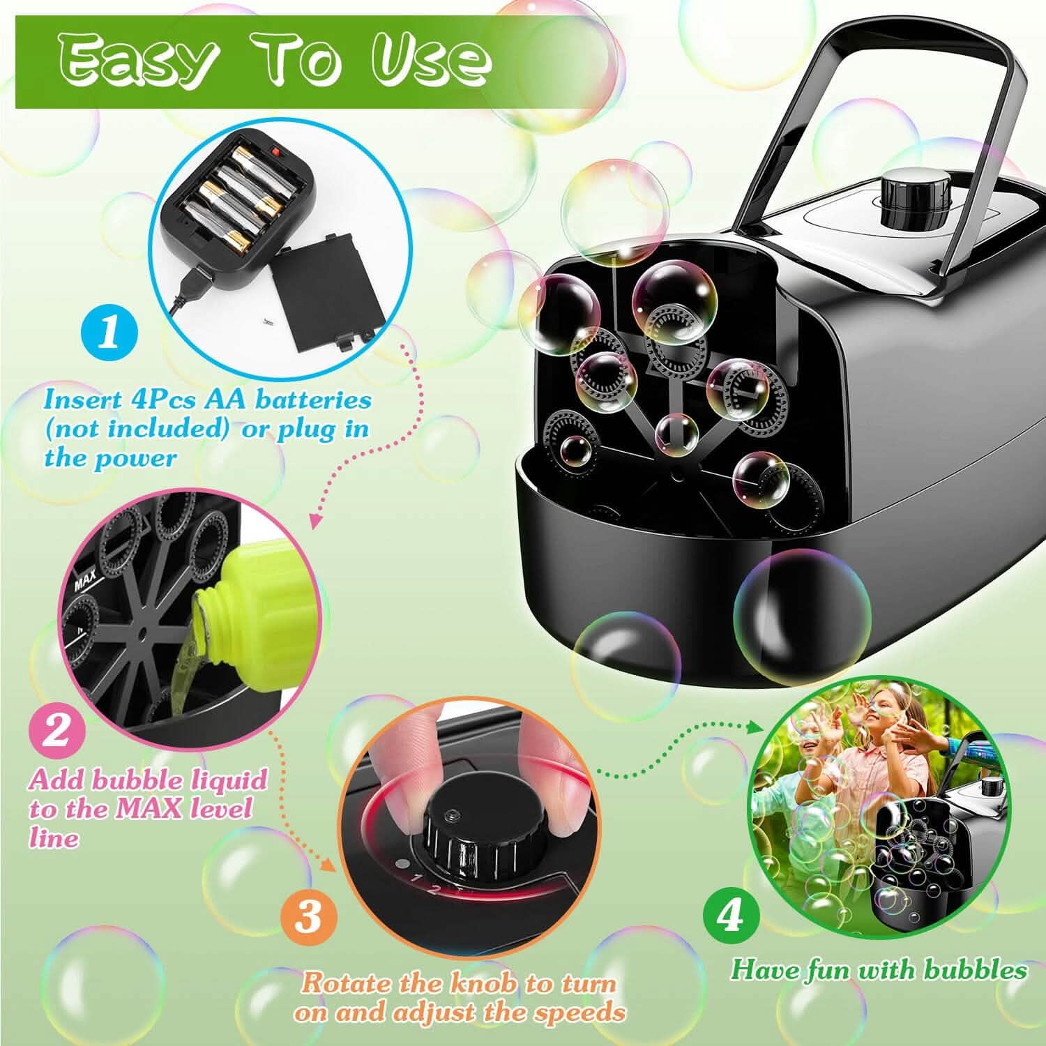 Portable Bubble Blowing Machine with 2 Speeds Handle 3000-4000 Bubbles Per Minute Plug-In Battery Powered by DailySale