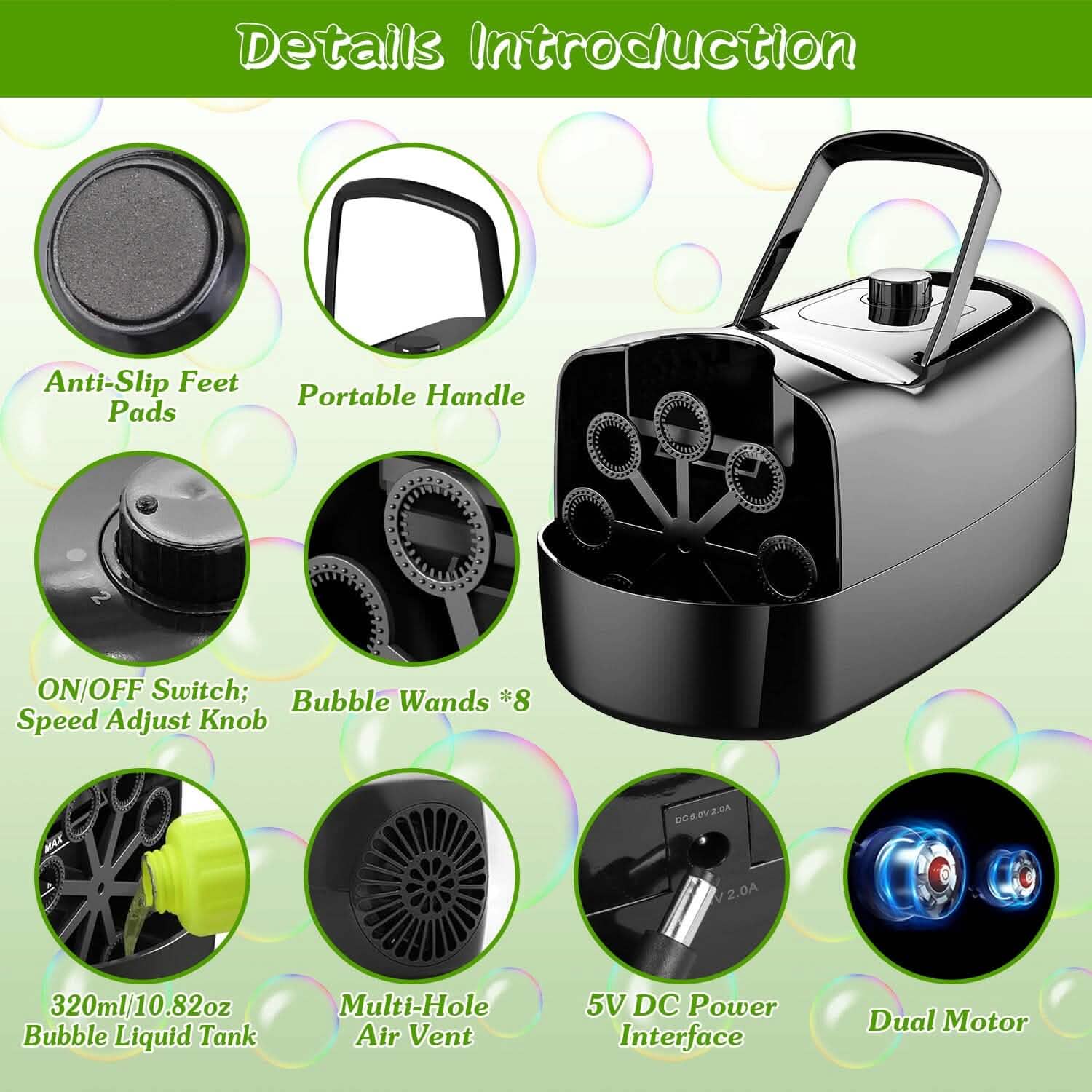 Portable Bubble Blowing Machine with 2 Speeds Handle 3000-4000 Bubbles Per Minute Plug-In Battery Powered by DailySale
