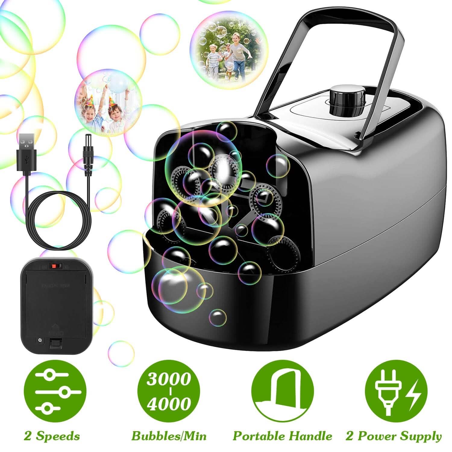 Portable Bubble Blowing Machine with 2 Speeds Handle 3000-4000 Bubbles Per Minute Plug-In Battery Powered by DailySale