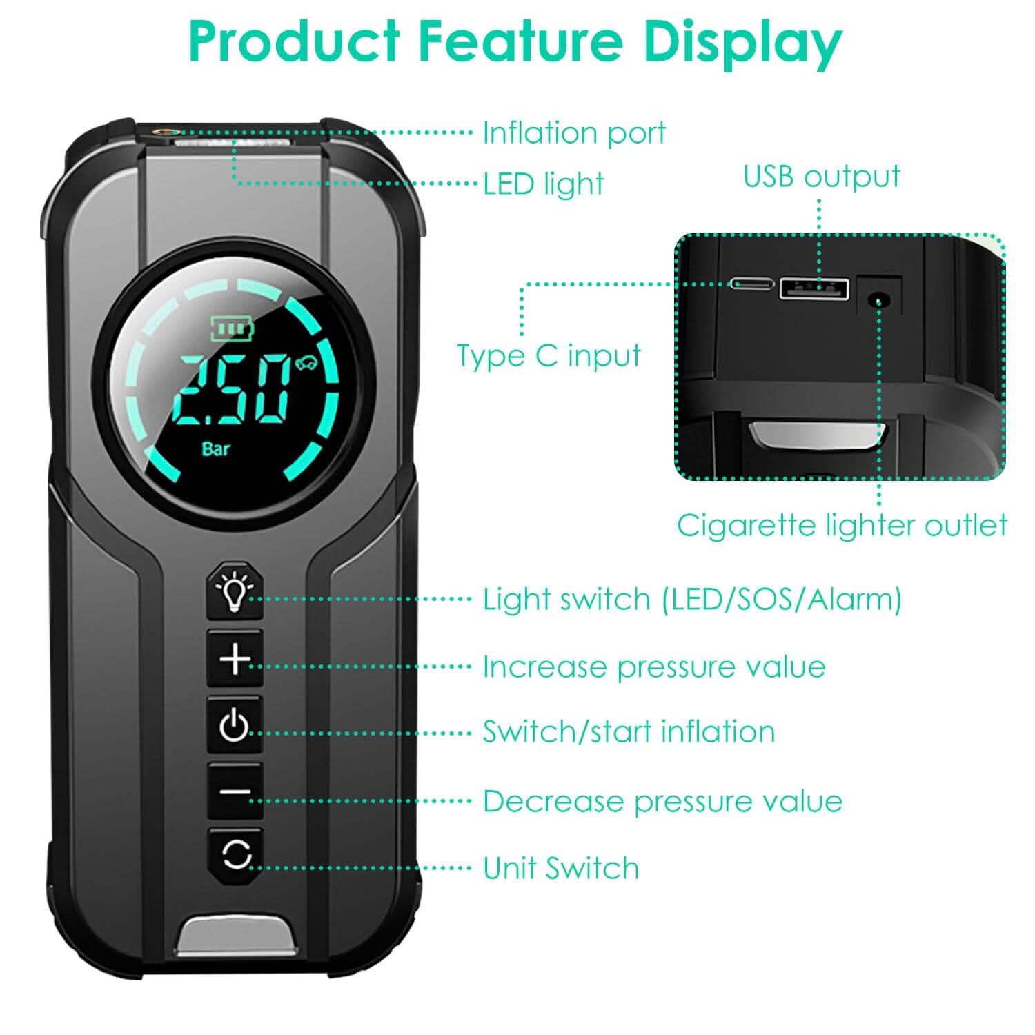 Portable Car Compressor Wireless Electric Air Pump 150 PSI with LED Light by DailySale