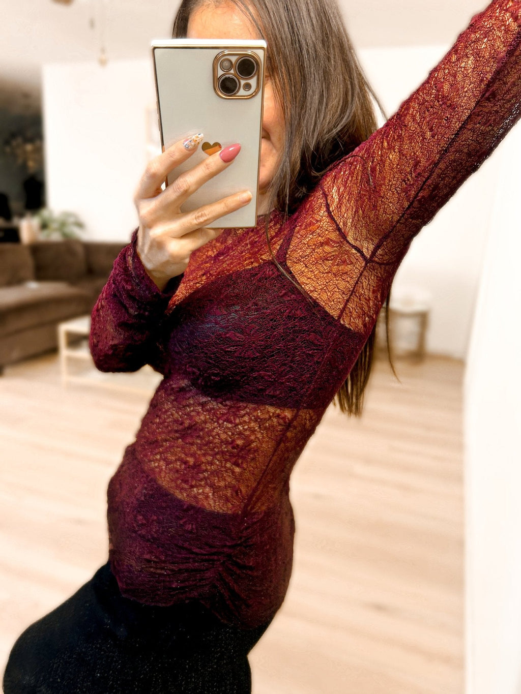 Luxe Lace and Floral Textured Long Sleeve Sheer Top