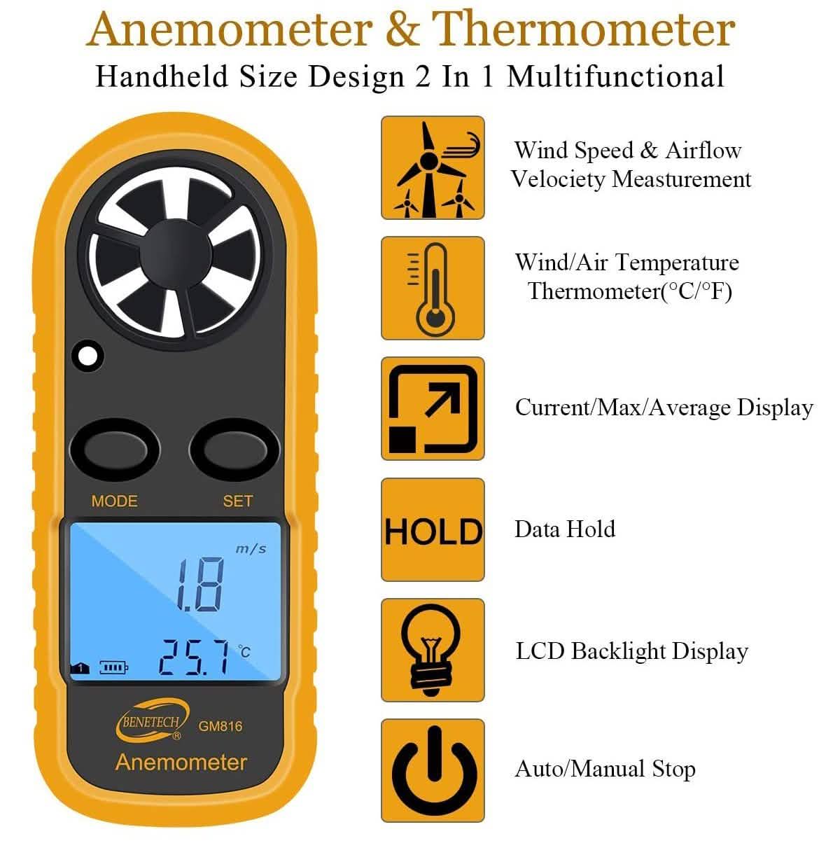 Qotone GM816 Digital Anemometer Wind-Speed Gauge Meter by DailySale