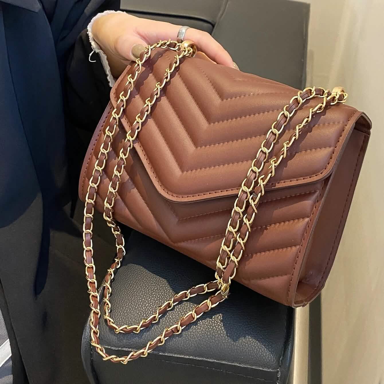 Quilted Pattern Flap Chain Square Bag by DailySale