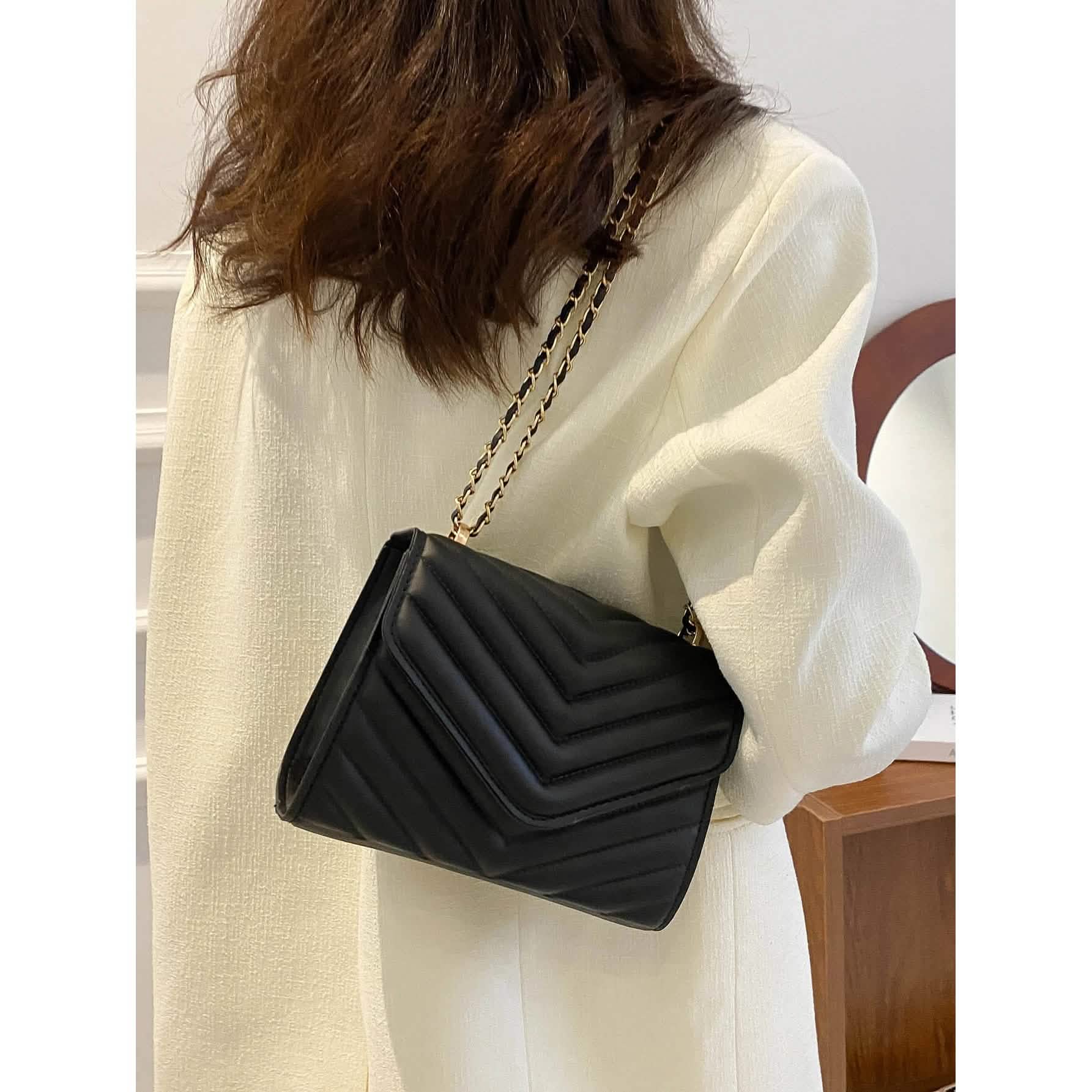 Quilted Pattern Flap Chain Square Bag by DailySale