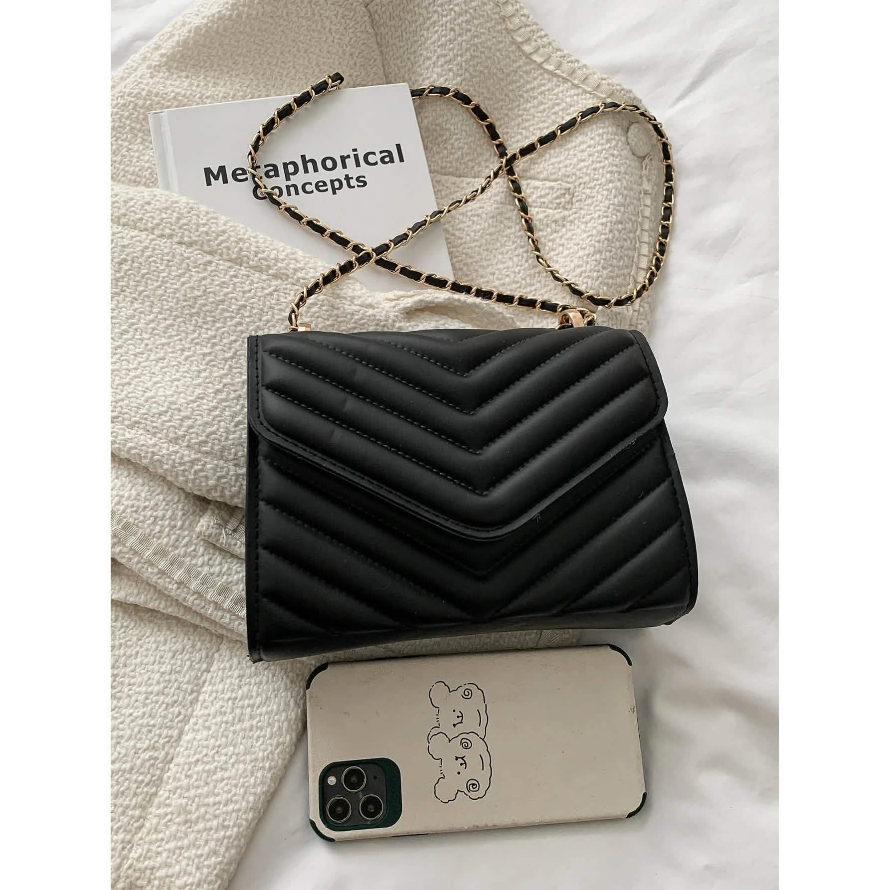 Quilted Pattern Flap Chain Square Bag by DailySale