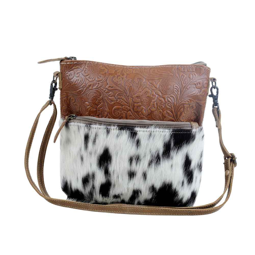 Myra Frontier Trail Embossed Leather Crossbody Bag Western Hairon Purse with Adjustable Leather Strap