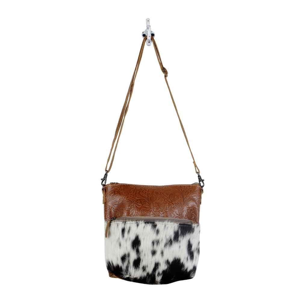 Myra Frontier Trail Embossed Leather Crossbody Bag Western Hairon Purse with Adjustable Leather Strap