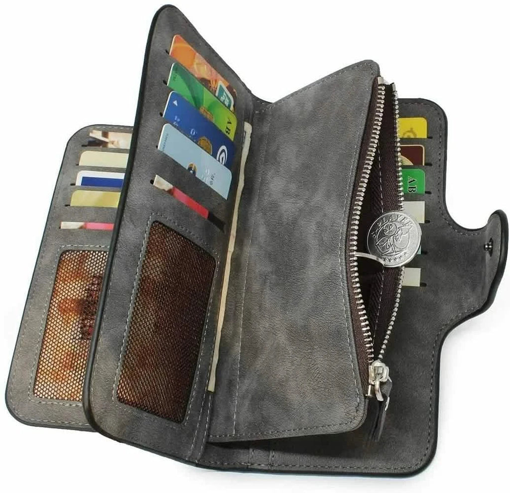 Vintage Faux Leather Long Wallet – Trifold Credit Card Holder with Snap & Zipper by DailySale