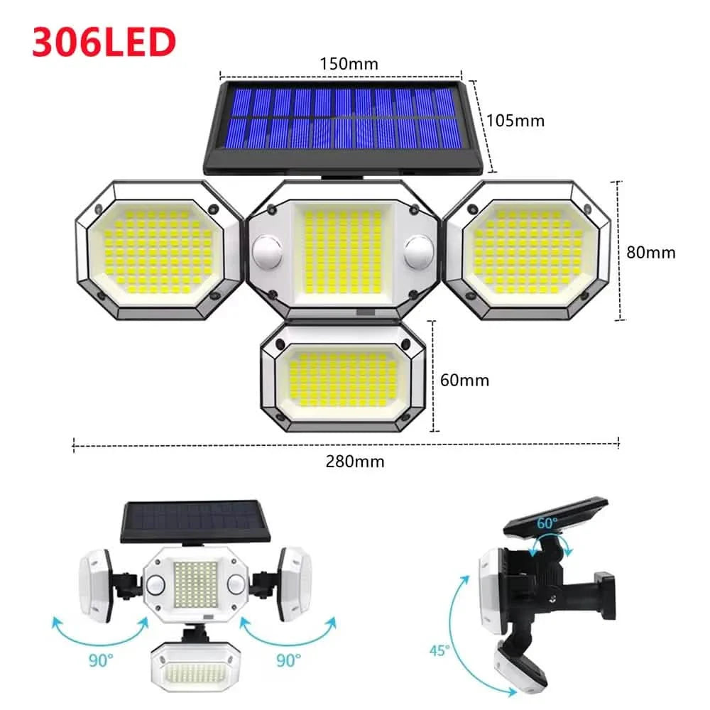 Solar Light Outdoor with Remote Control Double Motion Sensor Light 306/208 Led Wall Lamp IP65 Spotlight Exterior Garage Lighting by DailySale